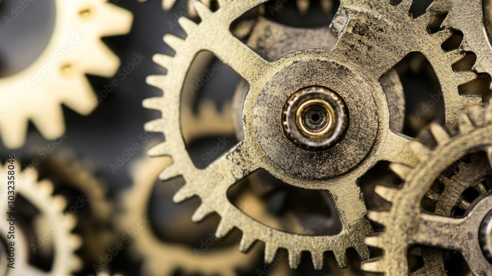 Poster Close-up of Interlocking Cogs in a Mechanical System