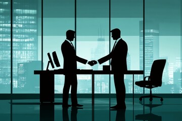 Two businessmen shaking hands in office at night with cityscape view