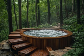 Wooden Hot Tub In Lush Forest With Steps