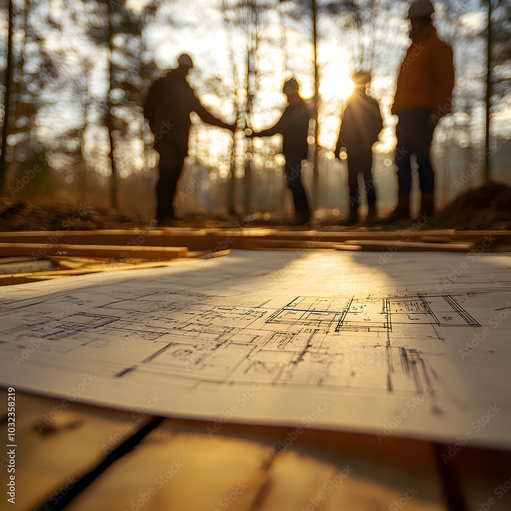 Poster Multidisciplinary team of engineers and architects working together on a new construction project gesturing towards blueprints and discussing plans amidst a sun dappled