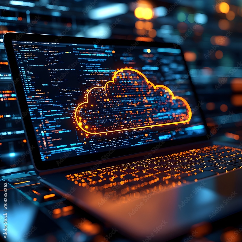 Aufkleber Zoomed in perspective of a sleek futuristic cloud computing user interface displayed on a laptop showcasing the seamless transfer of files to expansive remote data servers