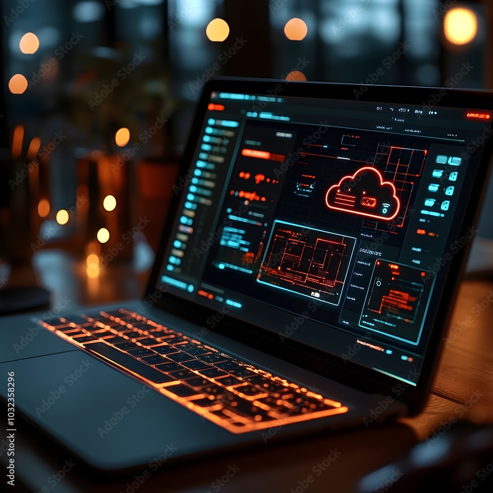 Aufkleber Zoomed in perspective showcasing a sleek cloud computing user interface on a laptop highlighting the seamless transfer of files to expansive remote servers