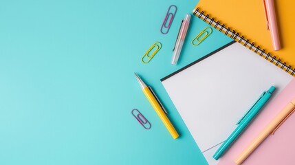 Flat lay of vibrant pens, paper clips, and notepads, perfect for a colorful and modern school supply ad