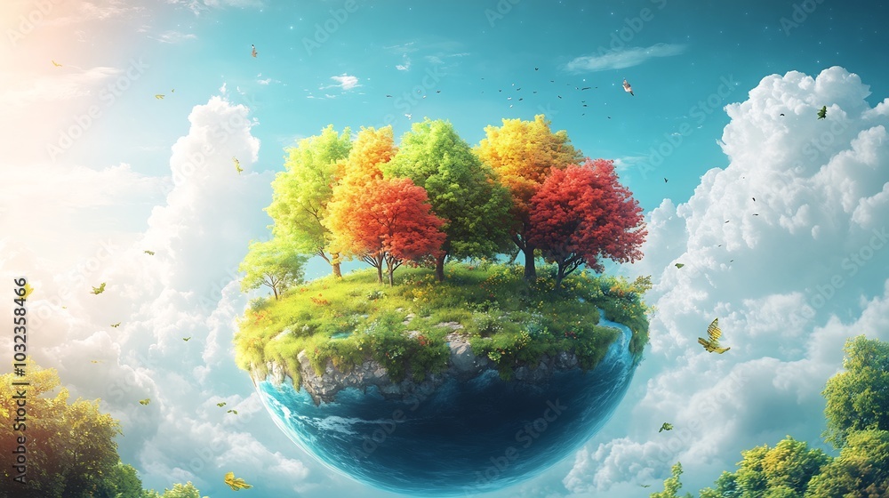 Poster earth day theme featuring multicolored planet surrounded by natural elements like trees clean rivers