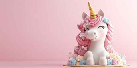 Cute unicorn cake sitting on pink background with copy space