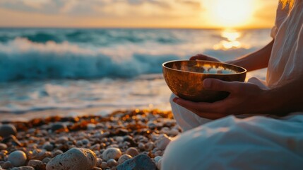 Person meditating by the ocean at sunset with tibetan singing bowl for water wellness