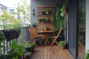 Obraz premium Cozy Balcony with Wooden Table and Chairs Greenery and Plants