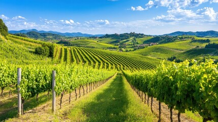 Fototapeta premium Lush Green Vineyards Under Blue Sky