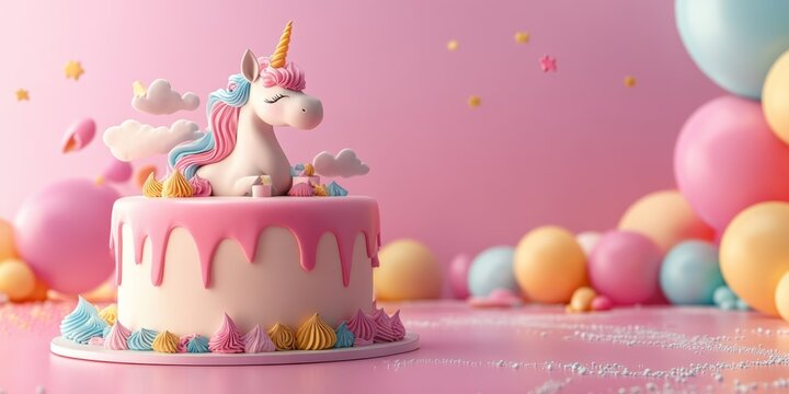 Birthday cake unicorn on pink background