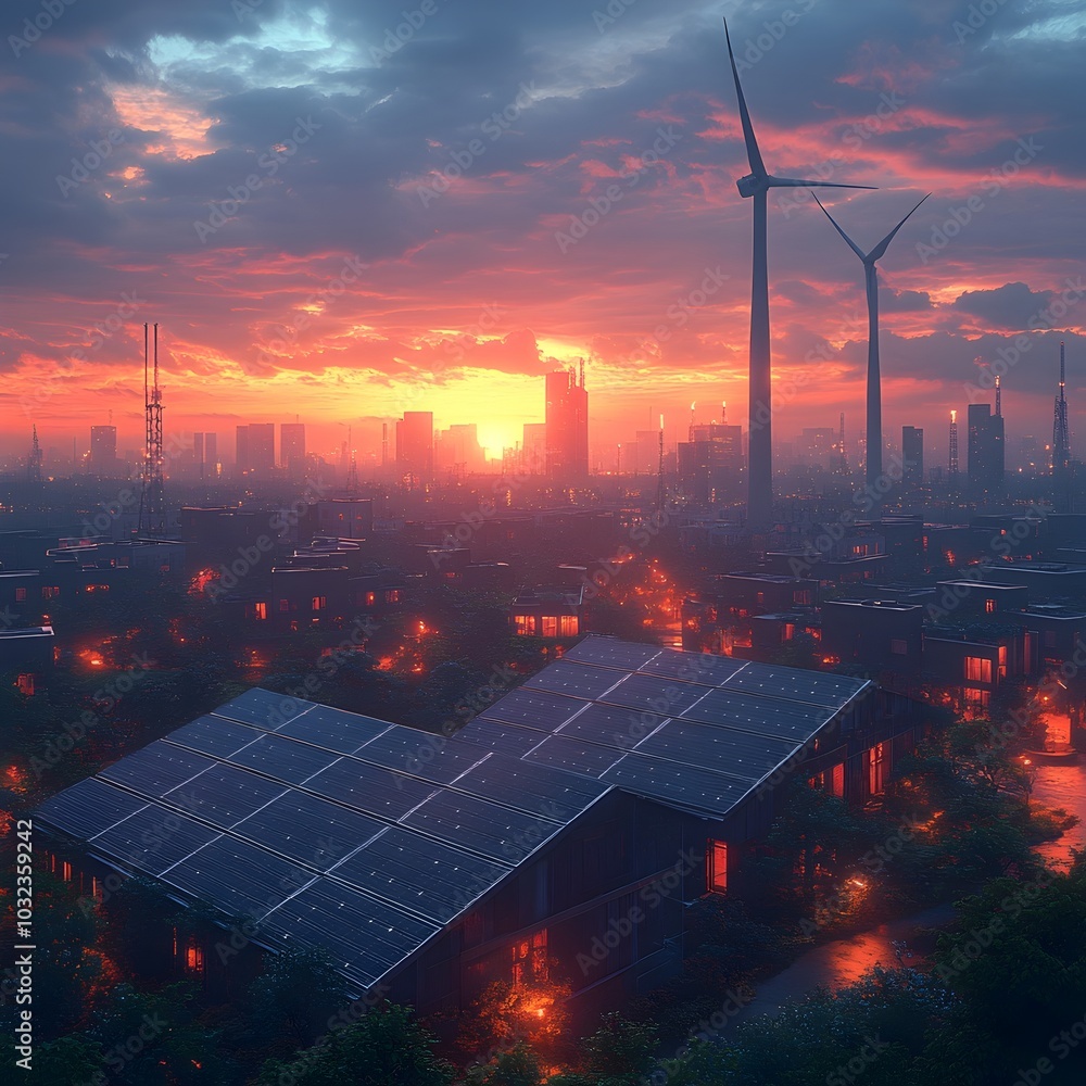 Poster sleek and modern solar panels and wind turbines integrated seamlessly into a vibrant urban cityscape