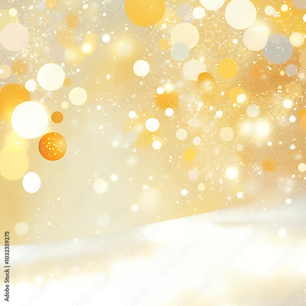 Wall mural golden bokeh lights and soft glowing orbs on a warm gradient background. abstract festive design wit