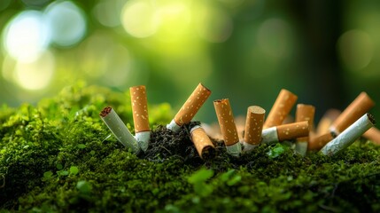 Cigarette Butts on Eco-Friendly Green Moss