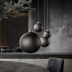 Elegant modern interior with hanging black Christmas ornaments and minimalist design