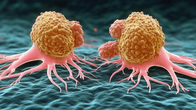 Bladder cancer cells under high magnification microscopic view of bladder cancer cells, showing unique cellular textures and irregular growth