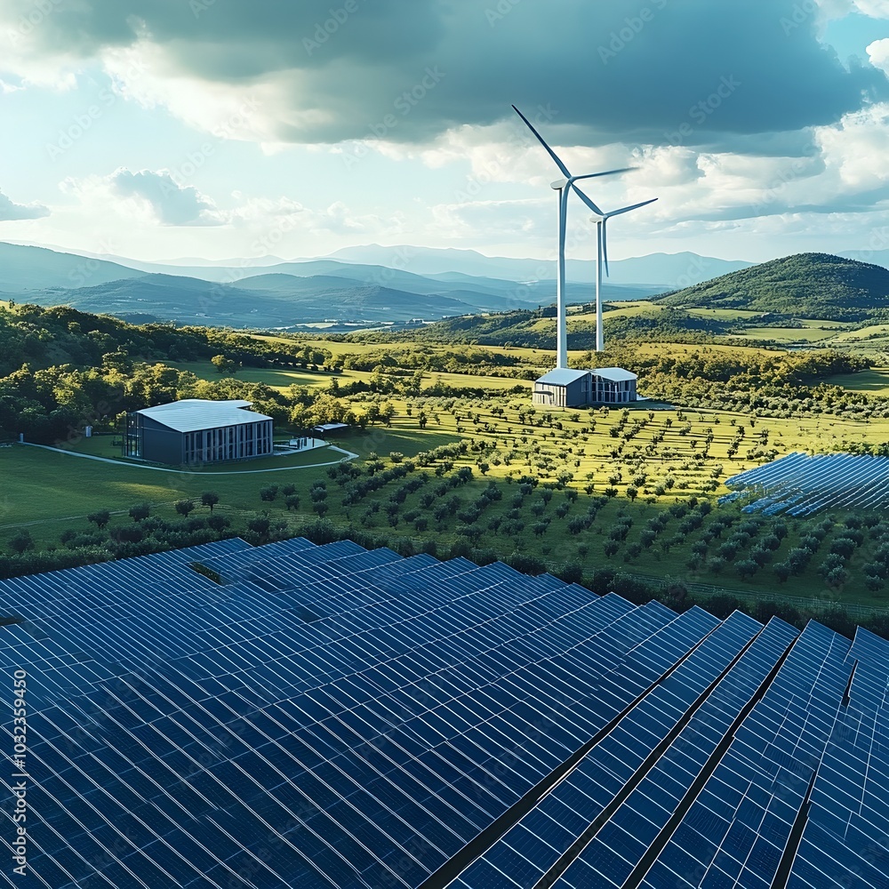 Poster cutting edge smart grid infrastructure with gleaming solar arrays wind turbines and modern sustainab