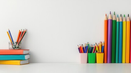Fototapeta premium Organized school supplies in rainbow order on a desk, perfect for promoting a fun and colorful backtoschool season