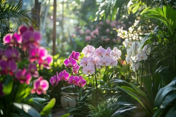 Vibrant orchids bloom in a lush green setting. This stunning floral arrangement captivates with colorful petals and natural beauty. Perfect for nature lovers. Generative AI