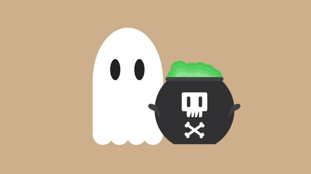 illustration of a ghost beside a pot with a skull logo