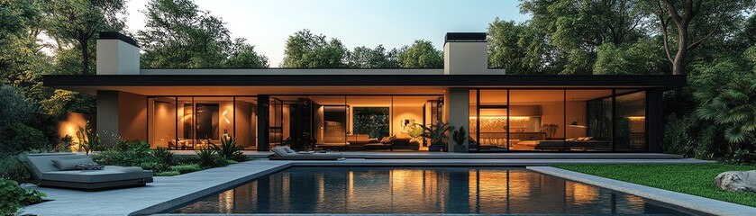 Fototapeta premium Modern luxury villa with pool at sunset, glass walls and lush green surroundings, sleek architecture