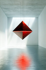 Floating red diamond shaped object isolated in a white room.