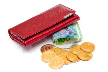 Red Leather Women Purse with Different Euro Banknotes and Bitcoin Coins - Isolated on White Background. A Wallet Full of European Union Paper Money Symbolizing Wealth and Success - Isolation