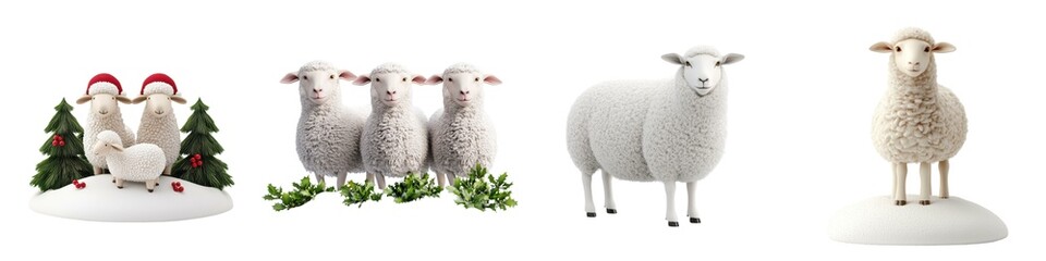 Fototapeta premium A festive display featuring sheep, holiday decorations, and whimsical characters in a snowy setting.