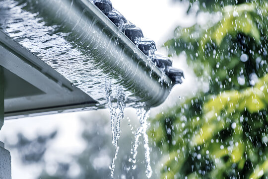 Water pouring from a roof gutter during heavy rain, symbolizing rainfall, drainage, and weather elements, ideal for themes of storm, rainwater management, and natural forces