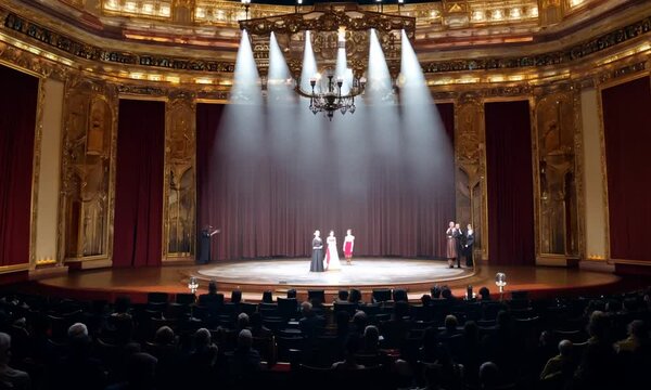 stage with red curtains, church of the holy sepulchre, people at the concert