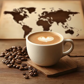 Vibrant International Coffee Day Poster Featuring a Coffee Cup Scattered Coffee Beans and a Minimalist World Map in the Background to Celebrate the Global Appreciation of Coffee