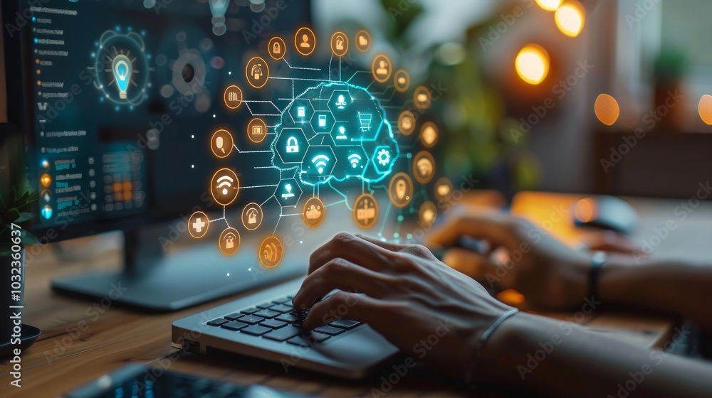 Poster hands typing on a laptop with a digital brain and icons hovering above, representing artificial inte