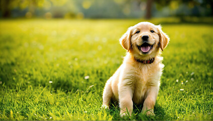 Happy puppy sitting in the grass in the park