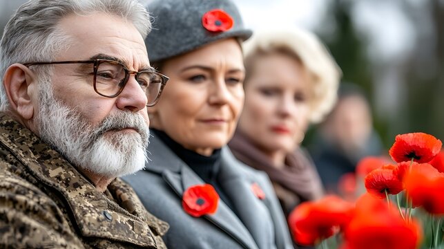 Heartfelt Tribute A somber gathering of military families paying respects at a memorial laying down poppy flowers as a symbol of remembrance honoring the sacrifices and service of their loved ones