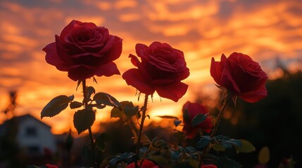 Three Red Roses Silhouetted Against a Sunset Sky