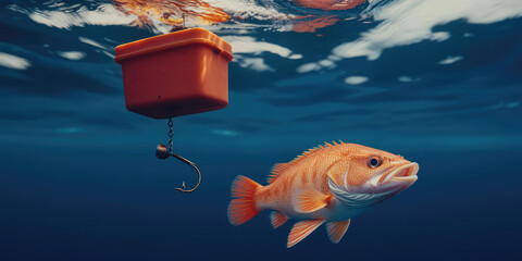 Close-up of a fish swimming to a fishing hook on a fishing line under water. Fishing, fishing tackle, fish catching