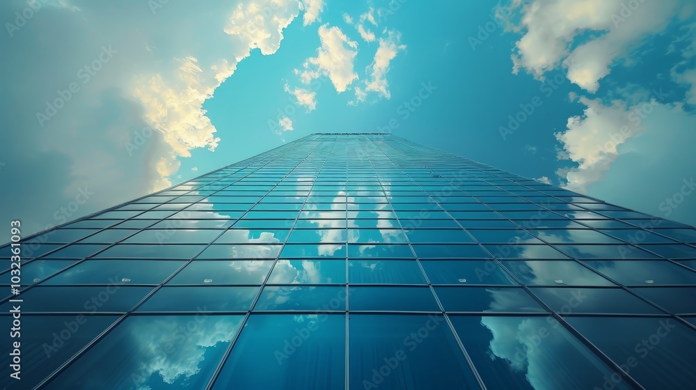 Poster low angle view of a modern glass skyscraper with clouds reflecting in the windows.