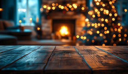 
Empty wooden table top with a blurred background of a cozy Christmas living room interior with a fireplace and a decorated tree