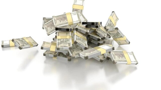 Money Falling Bundles of Indian Rupee 500 3D Render