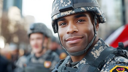 Fototapeta premium A group of uniformed soldiers standing together and marching in a Veterans Day parade celebrating and honoring national military service and sacrifice