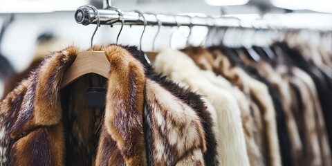 Close-up of hangers with hanging various assortment of fur winter coats. Background for a store of upper luxury clothes made of natural or eco fur