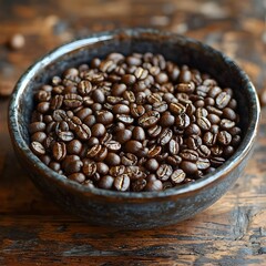 Fototapeta premium Overhead shot of a cozy rustic wooden table showcasing a dark ceramic bowl filled with aromatic roasted coffee beans highlighting the intricate patterns tones