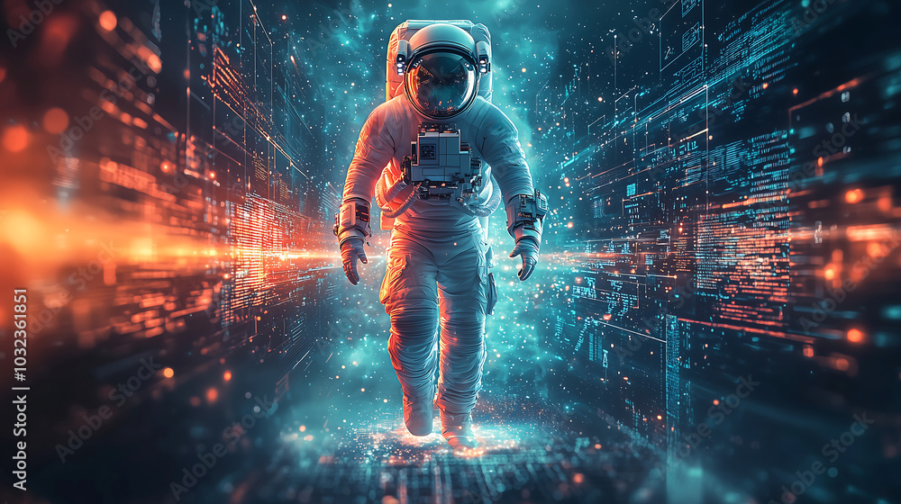 Poster glowing astronaut stepping into a vibrant futuristic digital world with neon lights and virtual data