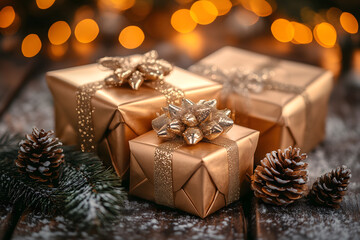 
Golden Christmas presents with pine cones and bokeh lights in the background