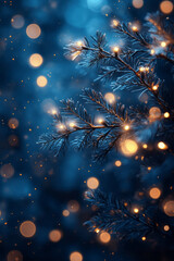 Fototapeta premium Silver bokeh lights shimmering on a deep blue backdrop, creating a peaceful, wintery festive vibe,
