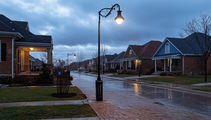A serene suburban street at dusk, illuminated by streetlights, reflecting on wet pavement after rain.