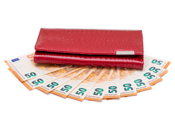 Red Leather Women Purse with Fifty Euro Banknotes - Isolated on White Background. A Wallet Full of 50 Euro Paper Money Symbolizing Wealth, Success and Social Status - Isolation