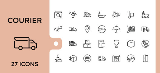 Set of courier line icons. Delivery service icons collection. showing delivery man delivering packages with transport, outline symbol pack. Editable stroke. Pixel perfect.