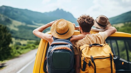 Fototapeta premium Friends enjoying a road trip during summer, taking in the scenic mountain views from the back of a yellow vehicle