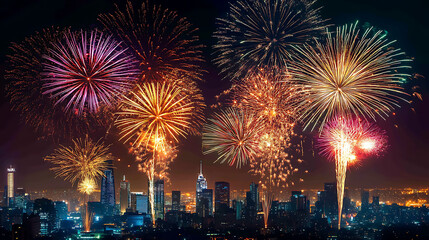 Fototapeta premium A panoramic shot of a cityscape with multiple fireworks going off in the sky, capturing the excitement of the New Year’s festivities 