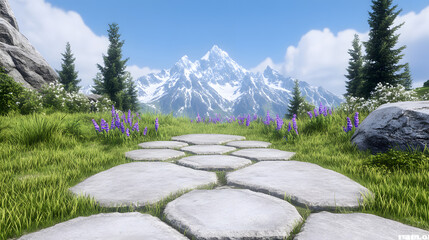 Intricate Boardgame Tile Design Featuring Hexagonal Fields and Majestic Mountain Landscape