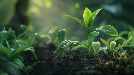 A young sprout with vibrant green leaves standing against a blurred natural background.